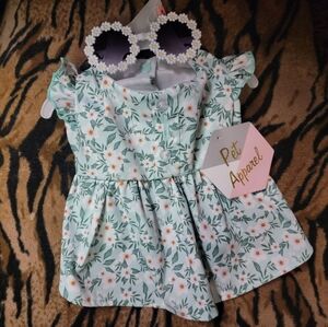 Pet Dress Dog Or Cat Green Floral  with Sunglasses Xs Sm New